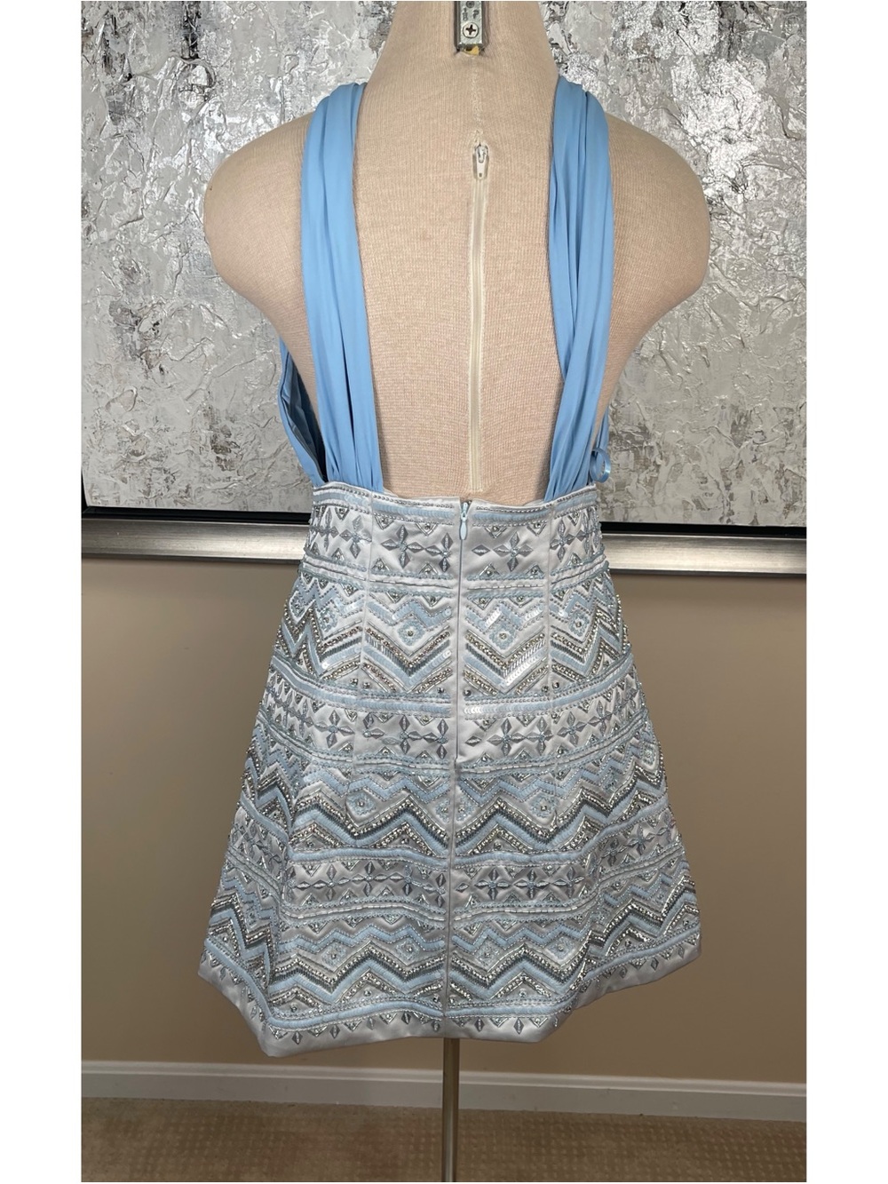 DES PHEMMES Sequin Embellished Halterneck
Blue Mini Dress Size Large - Picture 9 of 11